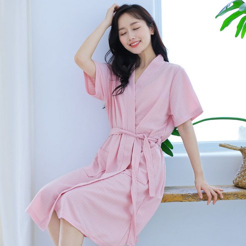 DFMEI-Y 목욕 가운 여성 긴 호텔 타올 흡수성 빠른 건조 커플 다섯 스타 목욕 가운 잠옷 남자 홈 착용, DFMEI 반팔 와플 복숭아 파우더, {"패션의류/잡화 사이즈":"S80-110 진"}