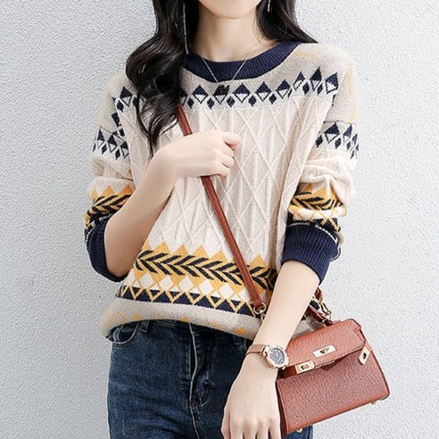 여성 캐주얼 아가일 데일리 배색 니트티