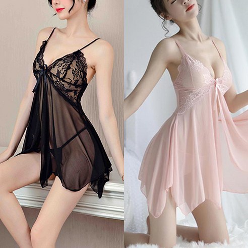 러블러블리 리본 레이스 앞트임 시스루 슬립 + 티팬티 2세트