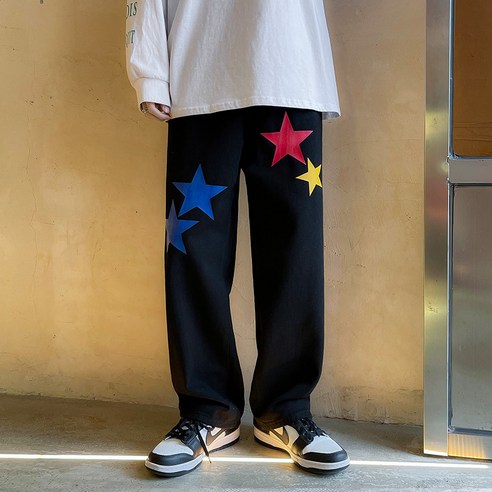 유럽과 미국의 스트리트 바지 Ins 패션 브랜드 스타 청바지 남성 미국 스타일 대형 블랙 캐주얼 바지 스트레이트 바지