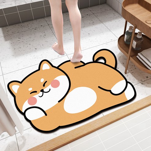 DFMEI만화 욕실 물 흡수 바닥 매트 규조토 진흙 소프트 화장실 문 매트 가정용 화장실 비 슬립 빠른 건조 카펫, 사이드 거짓말 개 [스웨이드], 40*60Cm
