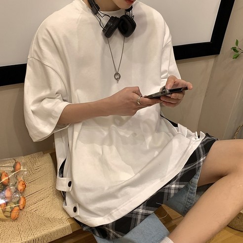 DFMEI 스플라이싱 반팔 티셔츠 남성 여름 루즈한 만장일치 인타이드 브랜드 점 소매 캐주얼 씬 하이 스트리트 디자인 탑