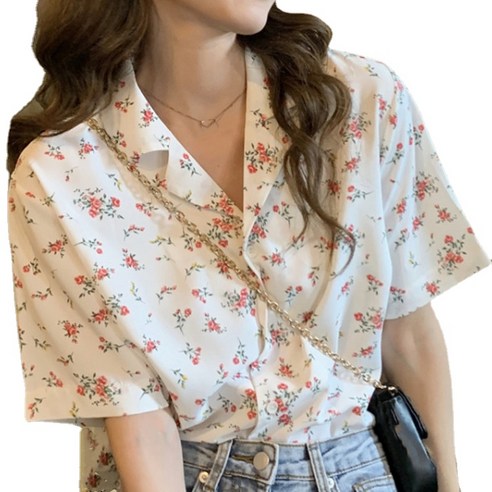 ANKRIC 프랑스 꽃 칼라 쉬폰 셔츠 여성 여름 디자인 짧은 소매 셔츠 복고풍 홍콩 맛 탑 블라우스쇼핑몰
