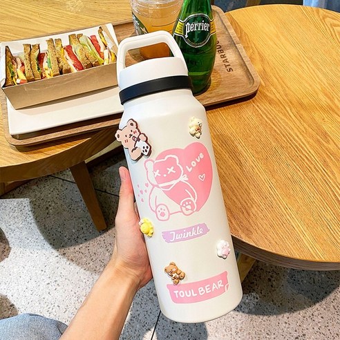 짚 물 컵 높은 색상 가치 야외 주전자를 가진 열 컵 대용량 여성, 흰색:1400ML, 1400ML