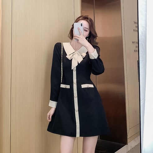 caoying 햅번 스타일 인형 칼라 작은 검은 드레스 가을/겨울 신사복 우아한 허리 드레스