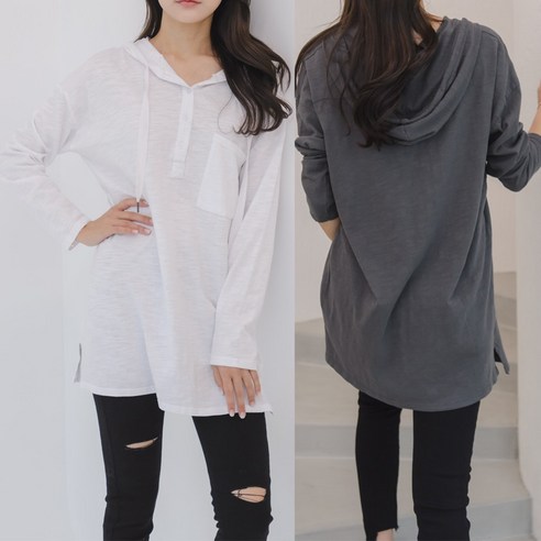 유니스 루즈핏 빈티지 면 슬라브 롱 후드티 롱티 이너 간절기 레이어드 데일리룩