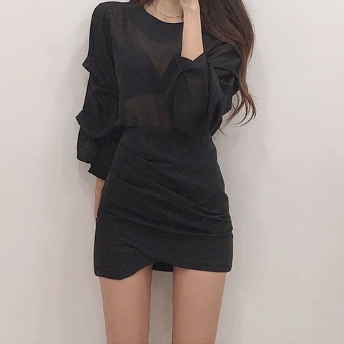 KORELAN랩 스커트 파란색 랩 스커트 짧다 봄 가을 하이웨이스트 날씬하다 한걸음 스커트 검은색 타이트하다 랩 주름 불규칙 반