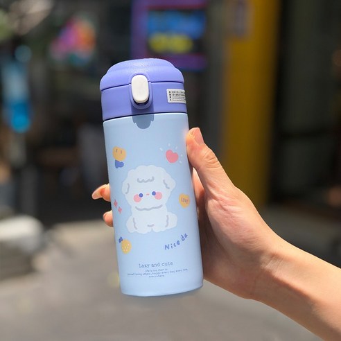 [LM] 380ml 귀여운 곰 보온병 스테인레스 스틸 보온 만화 스포츠 차 보온병 빨대, Blue A
