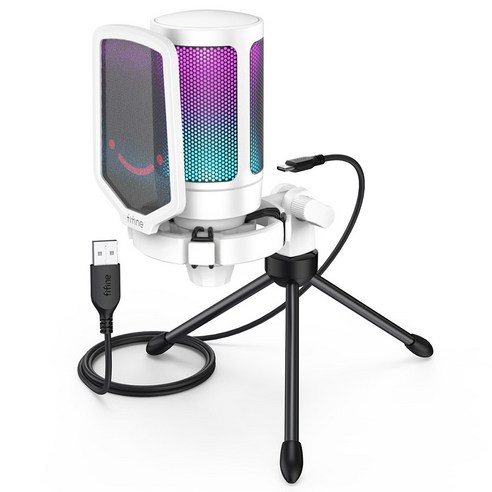 FIFINE A6V RGB 게이밍 마이크 USB 방송용 - 프로급 콘덴서 마이크 (소음감소/실시간 모니터링/가성비) 유튜브 인스타그램 게임방송 추천, 하얀색