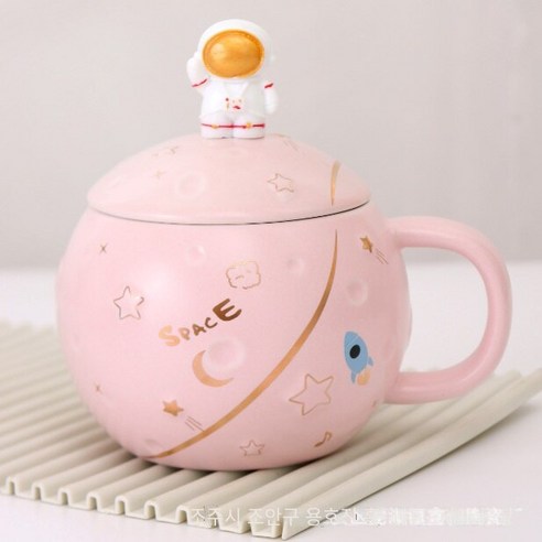 Mao행성 머그잔 커플 세라믹 대용량 컵 남자와 여자의 여름 사무실 크리 에이 티브 커피 컵 뚜껑, 새로운 핑크 숟가락_401-500Ml