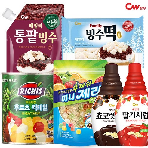 청우 팥빙수재료 5종 모음 (빙수팥+빙수떡+제리+후르츠칵테일+초코시럽), 850g, 1개