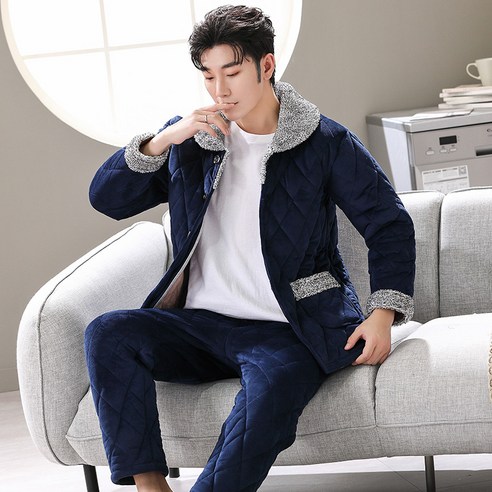 smy남성 잠옷 가을 겨울 두꺼운 양털 안감 산호 양털 세 레이어 퀼트 겨울 따뜻한 플란넬 홈 정장