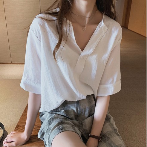 여름 한국어 스타일 화이트 셔츠 여성 디자인 느낌 상의