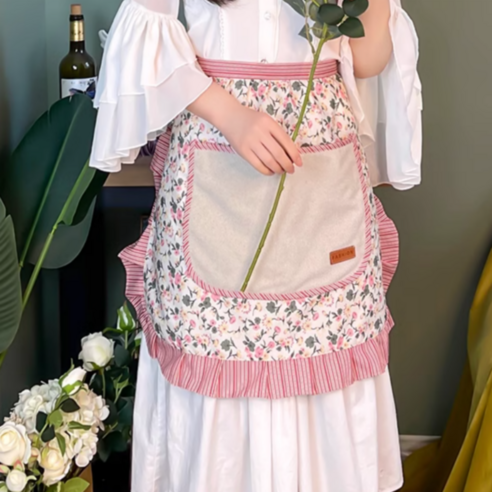 주방에 활짝 핀 꽃, 행주 하프 허리 꽃무늬 타올 앞치마