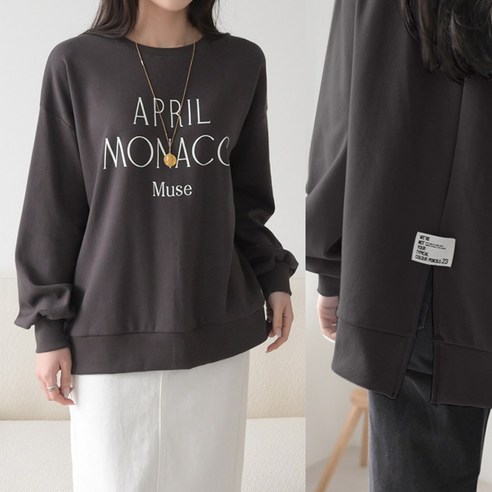 데일리앤 에이프릴 여성 오버핏 레터링 라벨 뒷트임 맨투맨 봄 가을 롱티