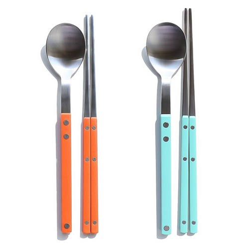 보겐 국산 New 쌍띠에 스텐 한식 수저 세트 실버, (오렌지 1개+민트블루 1개), 1개, 쌍띠에 한식수저세트-실버
