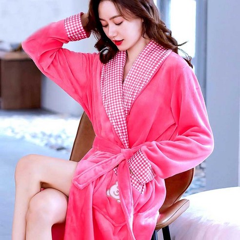 [SW] 여성 가운 겨울용 따뜻한 코랄 플리스 나이트 드레스 잠옷 여성 잠옷 홈 의류 꽃무늬 드레싱 그론 기모노 호텔 목욕 가운, M(160cm), hot pink grid