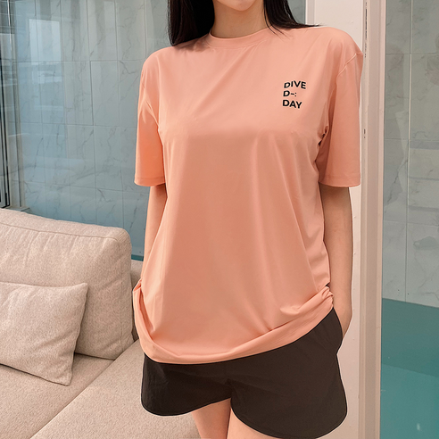오니몰 다이브 커플 남자 여자 실내 스윔 비치웨어 빅사이즈 루즈핏 반팔 래쉬가드 상의 수영복, 핑크