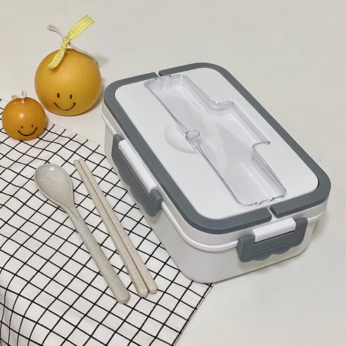 YY밀짚 절연 점심 상자 학생 세 포인트 그리드 도시락 상자 여성 휴대용 전자 레인지 신선한 유지 점심 상자, 색깔1_보내기 (밀) 찐된 스푼