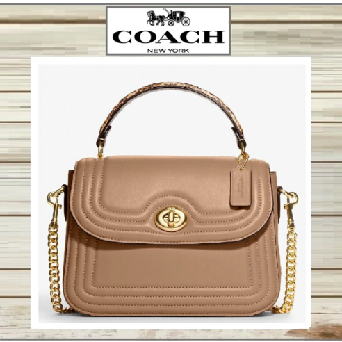 코치 MARLIE C7236 탑 핸들 보더 퀼팅 사첼백 X바디 백 TAUPE 골드 가방 여성