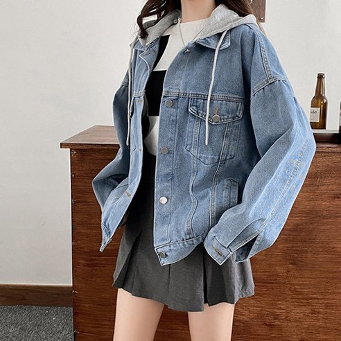 데님 재킷 여성 느슨한 캐주얼 기본 레트로 스티칭 후드 긴팔 탑