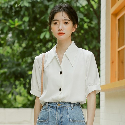 KORELAN 터틀넥 반팔 느낌 스쿨셔츠 상의 솔트 화이트 셔츠