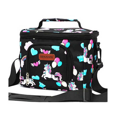 TeeFly 만화 도시락 상자 가변 숄더 스트랩 방수 옥스포드 점심 가방을 가진 가방 학교 팬들을위한 선물 검은 유니콘, 1개