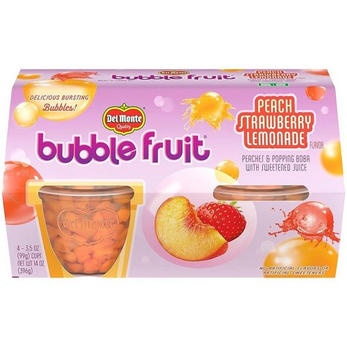 Del Monte® Bubble Fruit™ 복숭아 딸기 레모네이드 & 팝핑 보바 가당 주스 포함 118.3-99.2g(4-3.5온스) 컵 (4팩) 오렌지, 4개, 없음