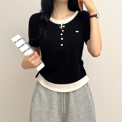 리오르 레이어드 헨리넥 와펜 반팔 티셔츠 일체형 여리핏