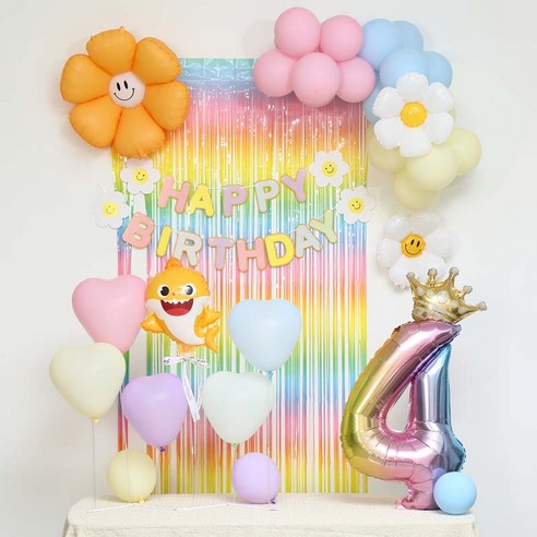 [피앤비유니티]스마일데이지 풍선스탠드 생일장식커튼세트 펌프포함, 1세트, 30-4)아기상어 마카롱커튼세트4