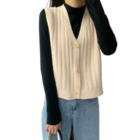 여성 기본핏 꽈배기 브이넥 단추 조끼 니트 Women's vest