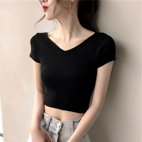여름 브이넥 여성 반팔 티셔츠 블랙 앤 솔리드 뷔스티에