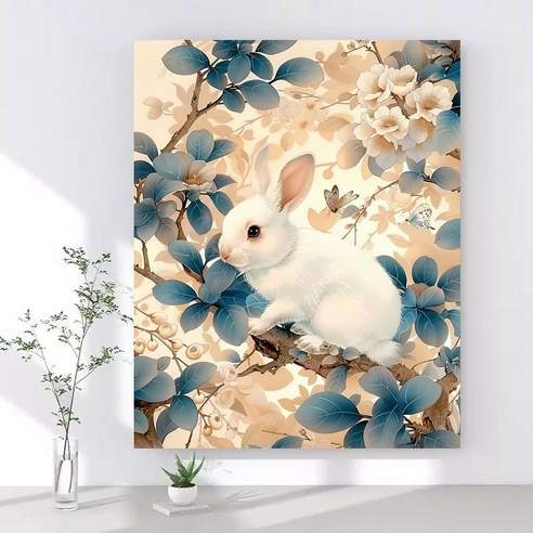 보석십자수 캔버스형 DIY 액자형 40x50cm 3D 대형 다이아몬드페인팅 그림 구슬십자수 행운 거실 인테리어 그림, 1개, 12 토끼 동백꽃