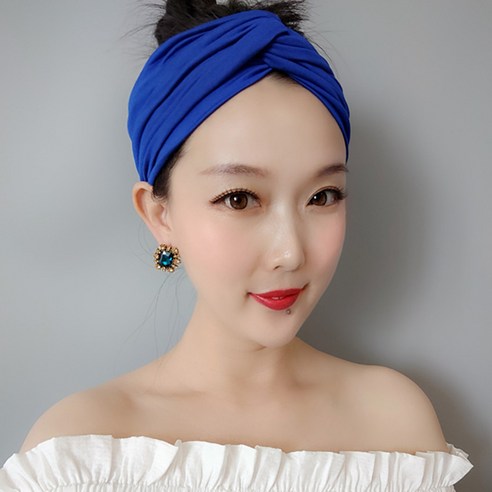 DFMEI 유럽과 미국의 복고풍 스트레치 사파이어 블루 퓨어 코튼 와이드 헤어 밴드 크로스 모리 라인 와이드 가장자리