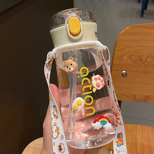 iMeBoBo 대용량 플라스틱 컵 심플한 야외 휴대용 물컵 넘어짐 방지 빨대 컵, 핑크 600ml+수지+멜빵