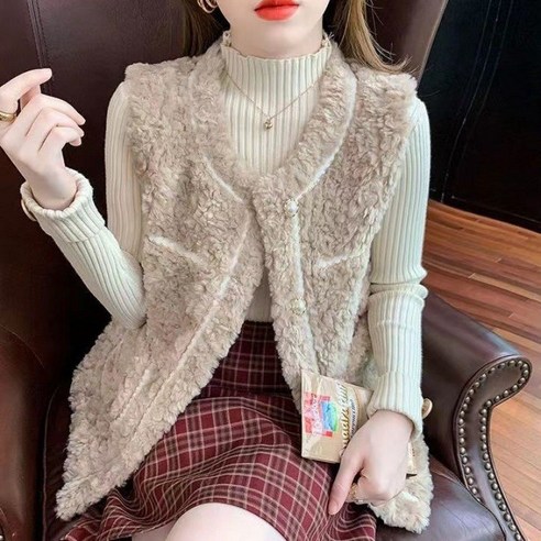 아이엠몽 여성 페이크 퍼 스타일 라운드넥 조끼