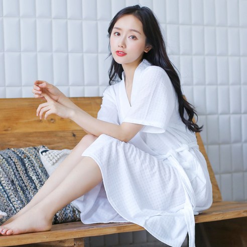 DFMEI-Y 목욕 가운 여성 긴 호텔 타올 흡수성 빠른 건조 커플 다섯 스타 목욕 가운 잠옷 남자 홈 착용, DFMEI 여성 반팔 와플 우유 화이트, L130-150 진