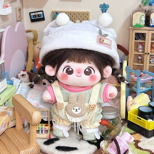 20cm 솜인형 인형옷 곰돌이 멜빵바지 세트, 흰색, 1개