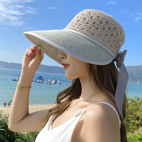 밀짚 리본 긴챙 여름 벙거지 모자