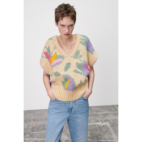 써스데이아일랜드 조끼 여성 브이넥 플라워 자수 니트 L 단품 1822030 330 Best Top5