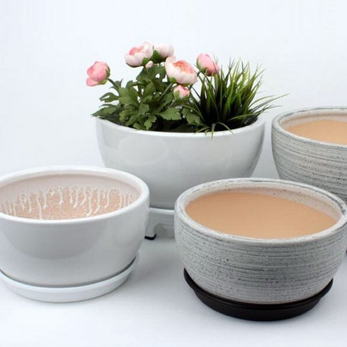 도희네화분 낮은화분 도자기화분 초화식물 다육이를 심는 용도의 낮고 예쁜 도자기화분입니다, 낮은화분 블랙세트(물받이형), 1개