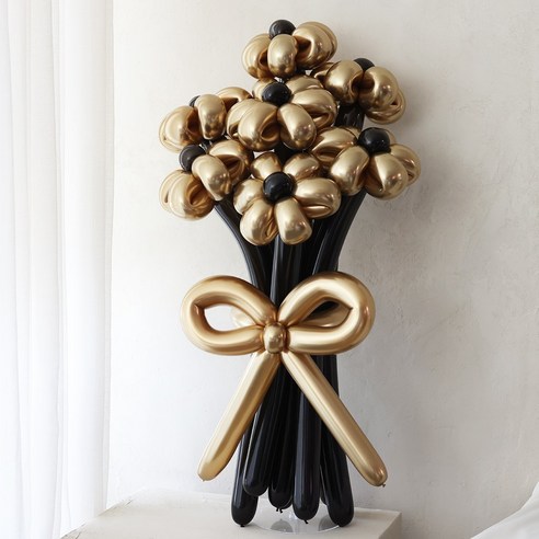 6잎 데이지 풍선 꽃다발 – 서울 픽업 및 택배 가능, 7송이 요술풍선, 졸업선물, 짧은 사이즈, 1개, 블랙&골드 서울브라이덜샤워
