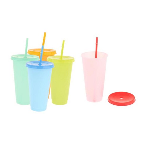 빨대와 뚜껑이 있는 텀블러 물병 스 커피 여행 머그 컵 재사용 가능한 플라스틱 컵 파티에 적합 생일-5 팩, 색상 혼합, 6.81x3.85x2.36 인치