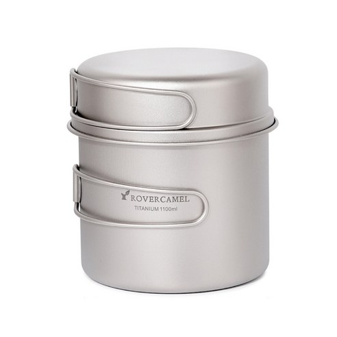 ROVERCAMEL 초경량 티타늄 쿡셋 야외 캠핑 조리기구 세트 1100ml 냄비 및 접이식 핸들이있는 350ml 프라이팬, Ta8327B-2