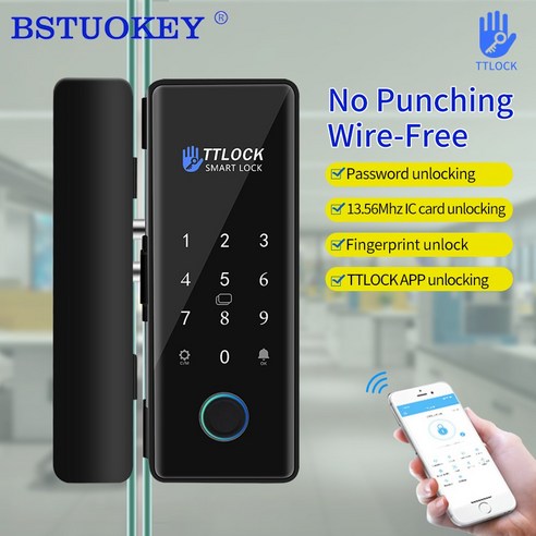 유리문번호키 디지털 지문 유리 도어락 제어 블루투스 TTLock 앱 패스코드 RFID 카드 키리스 스마트 락 와이파이 게이트웨이, [03] 유리문번호키 doubleframeless
