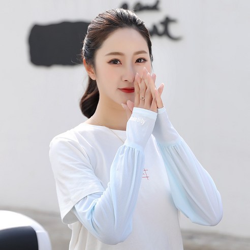 선 스크린 소매 여성 느슨한 문자 절반 손가락 긴 얼음 소매, 느슨한 버전 라이트 블루, 평균 코드
