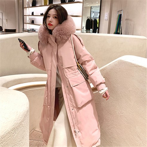 여름 Shiwen 화이트 오리 한국어 스타일 따뜻한 자켓 여성 중반 두꺼운 겨울 여우 모피 칼라 Overknee 코트