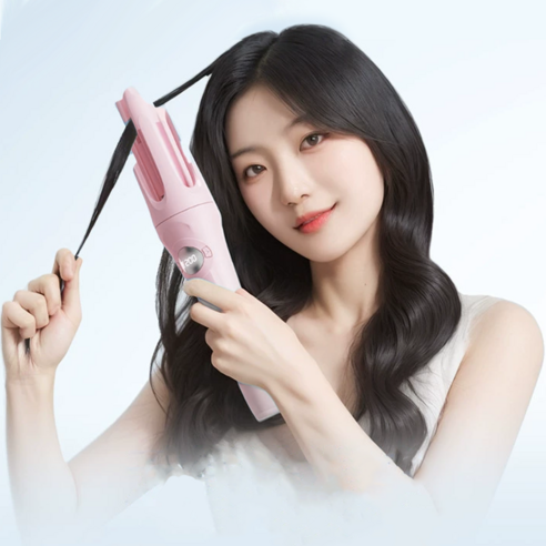 Keka 무선 자동 봉고데기 음이온 고데기 LED 디스플레이 4단계 온도조절 Type-C 충전식, 핑크