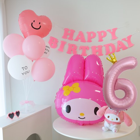 산리오 생일 파티 숫자 풍선 세트 시나모롤 쿠로미 마이멜로디 테마, 6, 1개, 핑크화이트