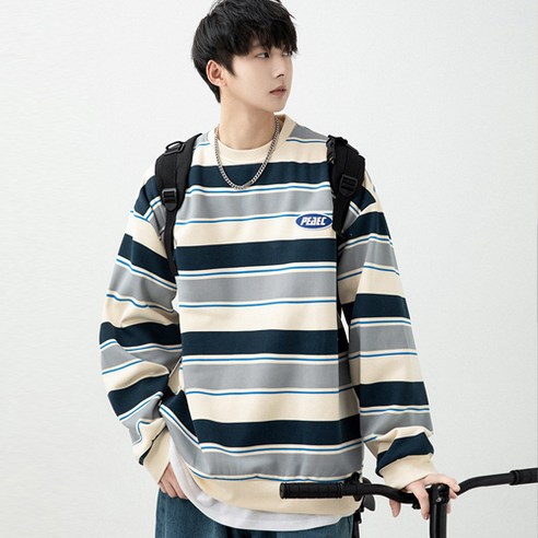 이유까까 남성용 PEACE 오버핏 스트라이프 맨투맨